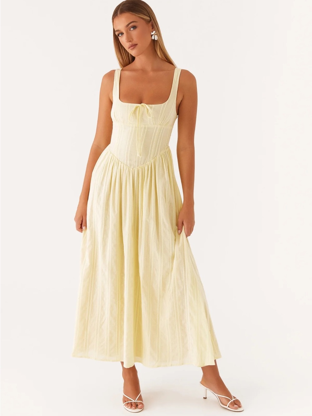 Peppermayo Pale Yellow Midi Dress with Corset Bodice